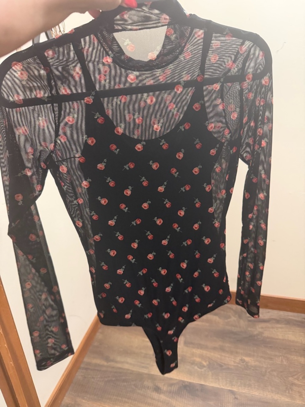 Sheer Floral Bodysuit Womens Medium Black Rose Mesh Lined Spaghetti Strap NWOT - Picture 4 of 5